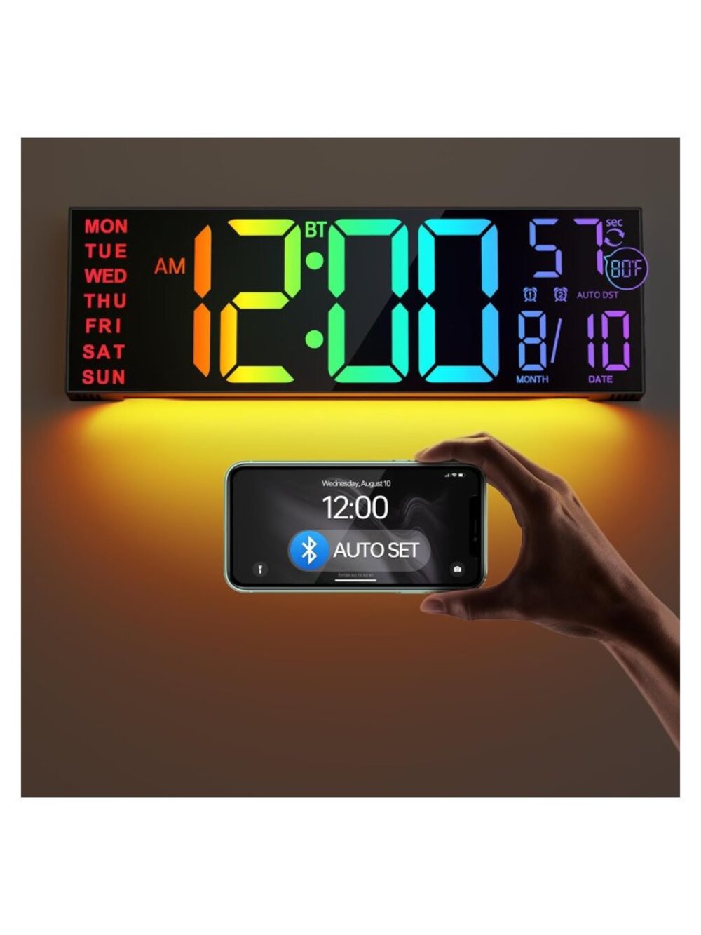 Large Digital Wall Clock 16.2" LED Display Bluetooth Sync Auto DST